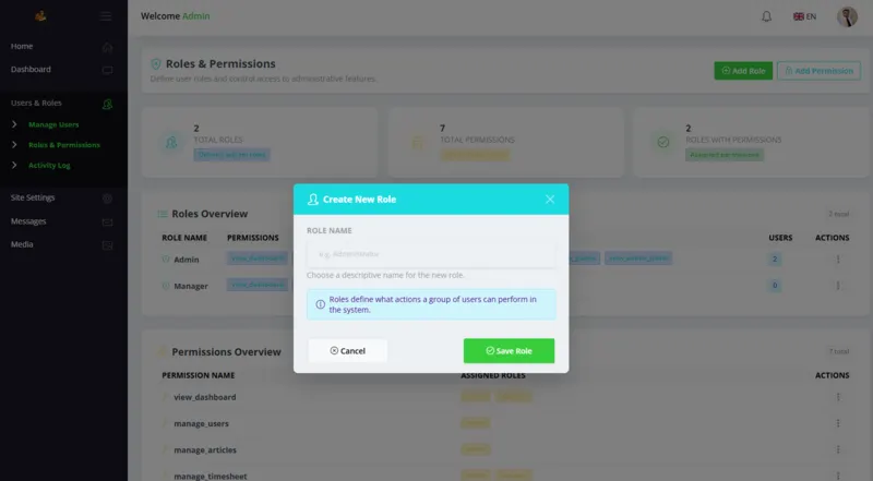Role creation modal within the BarboBouw administration platform