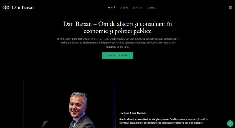 Dan Barsan business consultant presentation website homepage with professional services and company information.