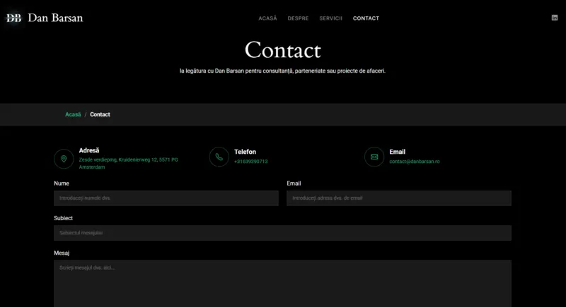 Dan Barsan website contact page featuring contact form, business information and communication details.