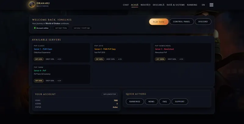 Drakar2 Metin2 multi-server platform homepage featuring server information, game statistics, downloads and community content.