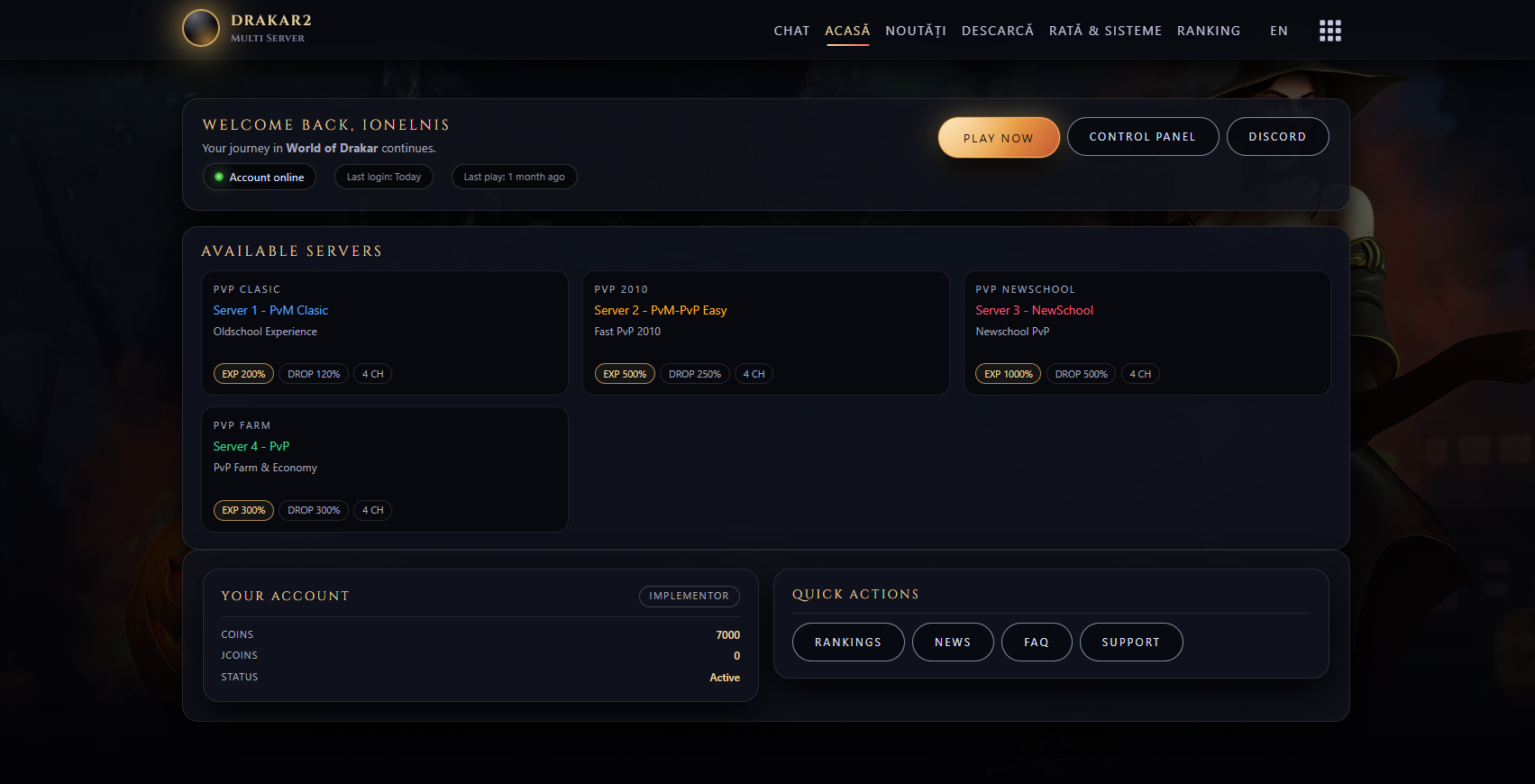Drakar2 Metin2 multi-server platform homepage featuring server information, game statistics, downloads and community content.