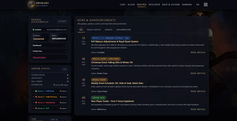 Drakar2 news and announcements system displaying updates, events and server-related information.