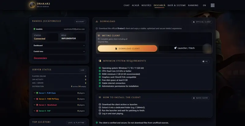 Drakar2 download center providing game client downloads, version information and update resources.