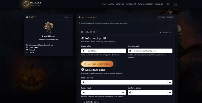 Drakar2 user profile page showing account details, avatar settings and player information.