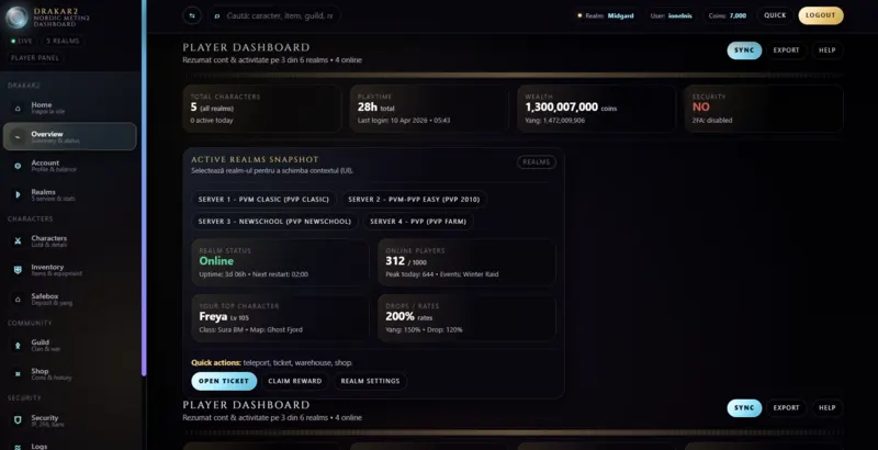 Drakar2 player dashboard displaying account statistics, linked game accounts and recent activity.