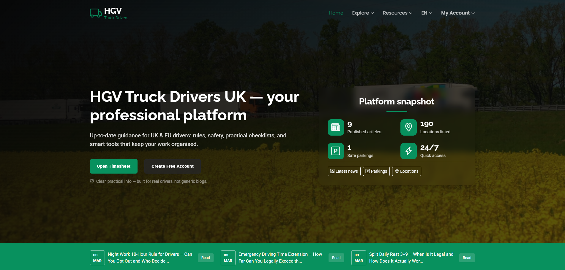 HGV Truck Drivers UK homepage and transport industry platform