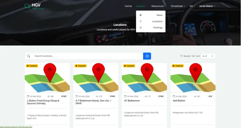 HGV Truck Drivers UK locations directory displaying transport-related locations in card layout