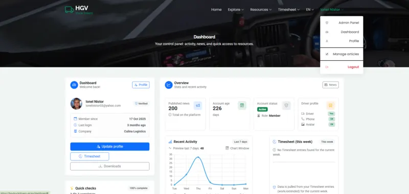 User dashboard displaying account information, recent activity, timesheet data and platform statistics
