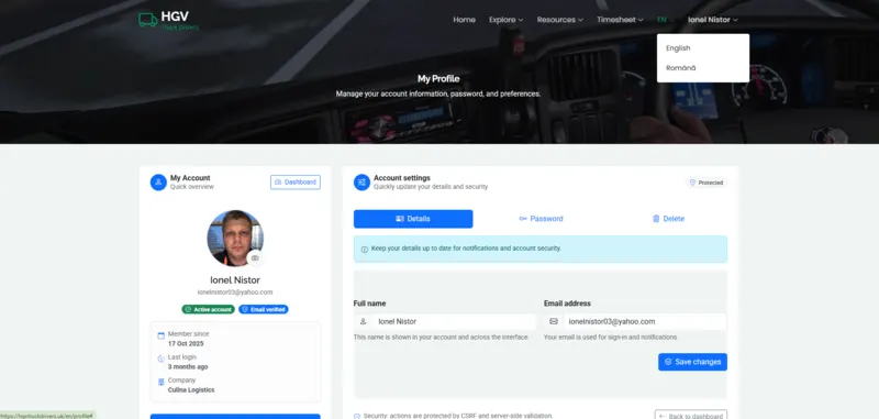 User profile page with account details, company information and security settings