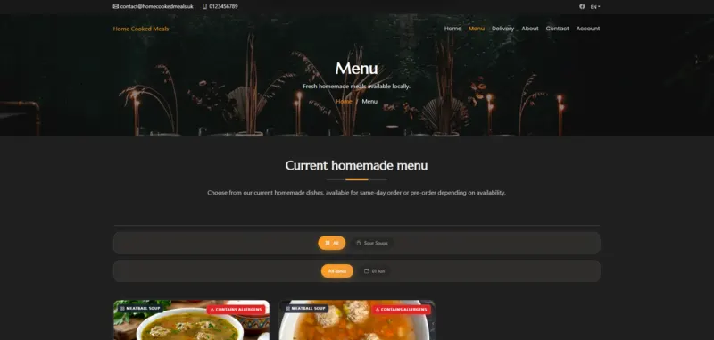 HomeCookedMeals.uk menu page displaying available meals for pre-order