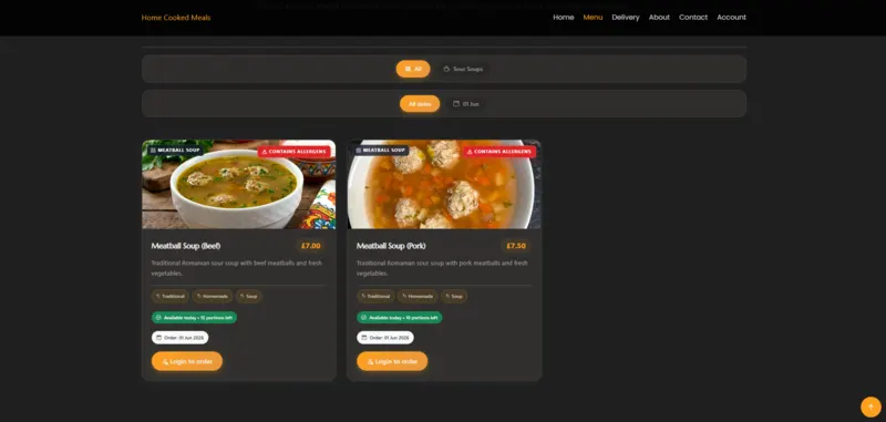 Food menu section with meal cards and ordering options