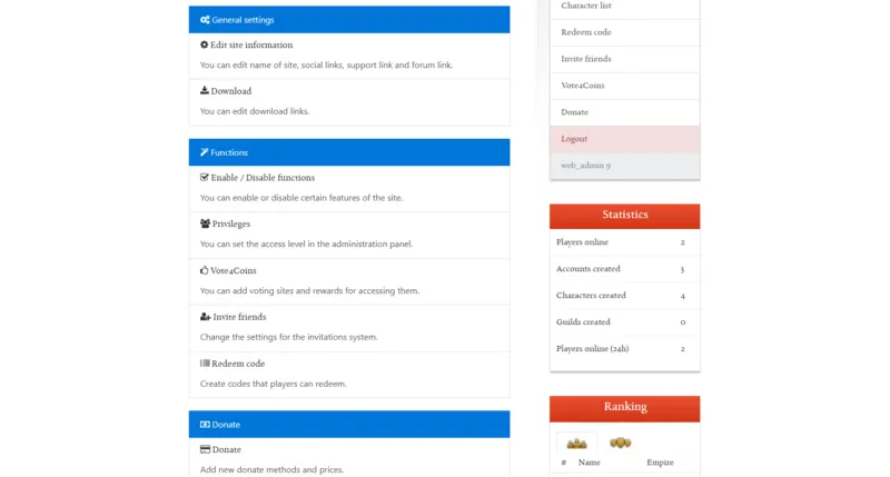 Metin2 CMS Classic admin dashboard