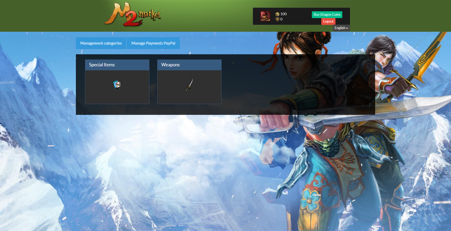 Metin2 ItemShop homepage displaying item categories represented by images and category titles