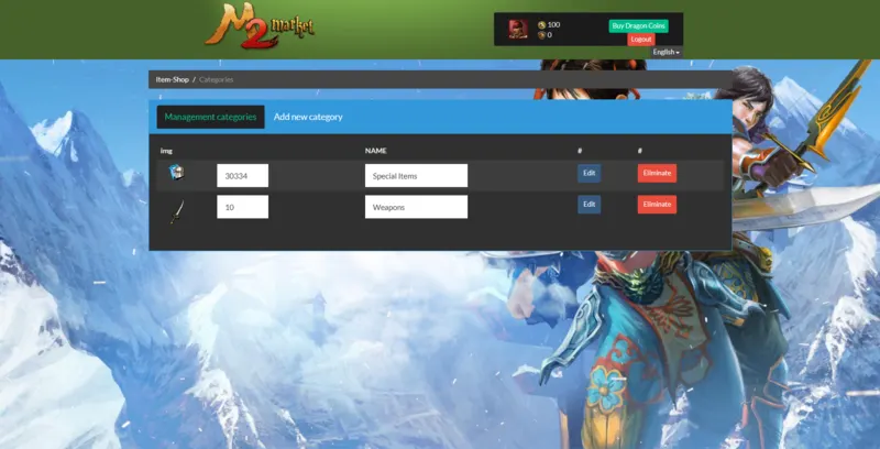 Metin2 ItemShop category management interface used to organize shop categories