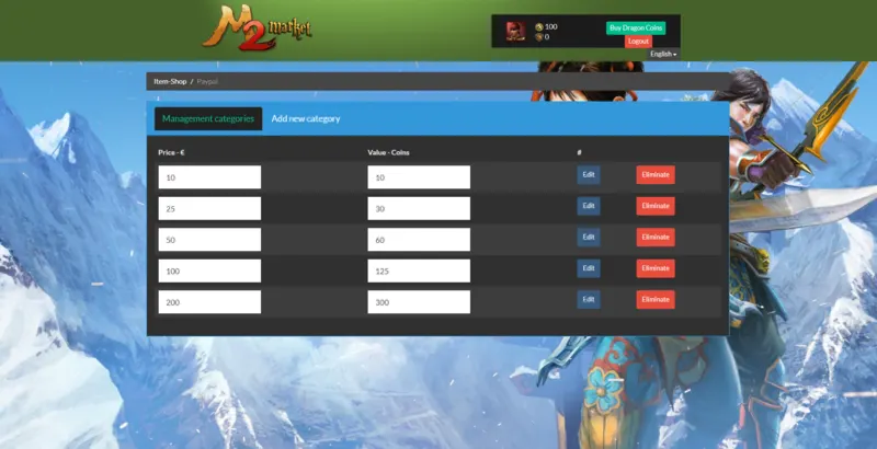 PayPal package management page for configuring Dragon Coin purchase packages