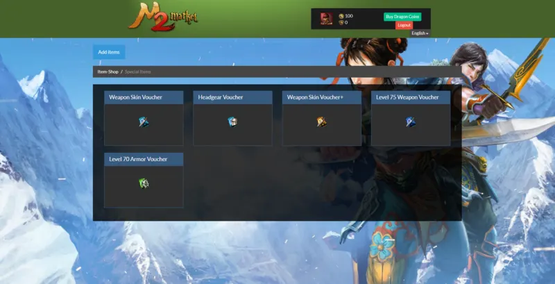Metin2 ItemShop category page displaying available items within a selected category