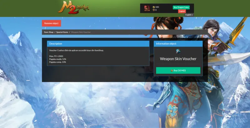 Metin2 item details page showing item bonuses, attributes and Dragon Coin price