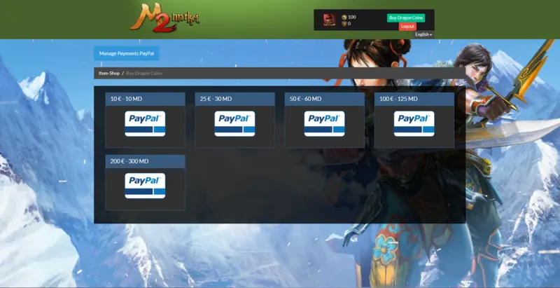 Dragon Coin purchase page displaying available currency packages and pricing options