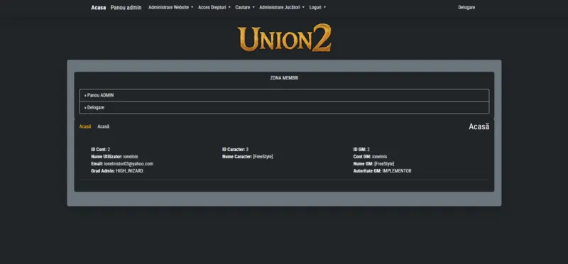 Multi-server Metin2 administration platform homepage displaying server overview and management access