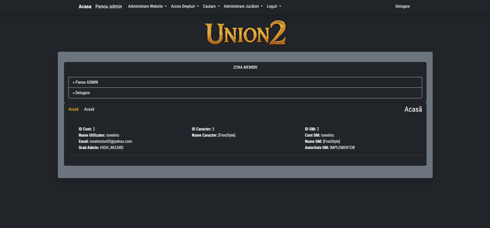 Multi-server Metin2 administration platform homepage displaying server overview and management access