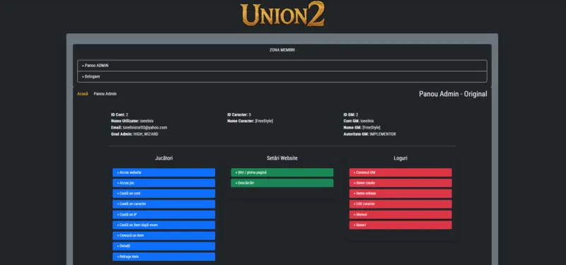 Metin2 multi-server administration dashboard showing administrator information and management modules
