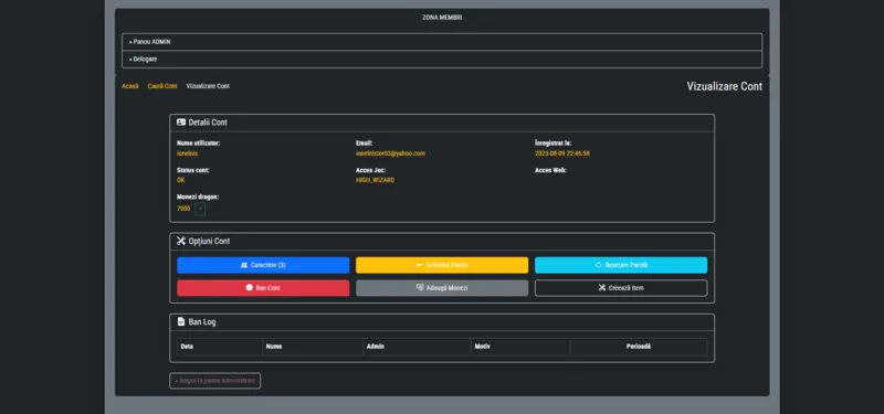 Player account management interface displaying account information across multiple Metin2 servers