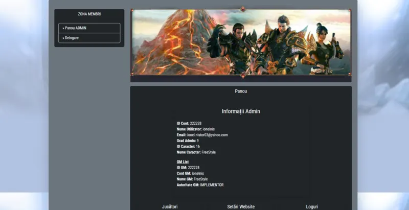 Metin2 administration dashboard displaying administrator profile information and quick server management access