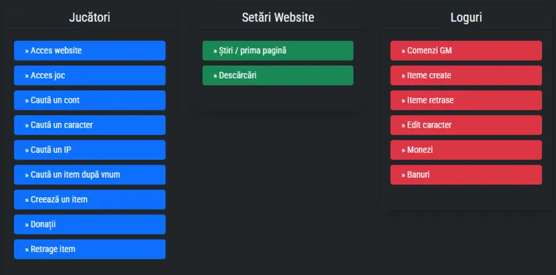 Metin2 administration homepage with centralized access to server management modules