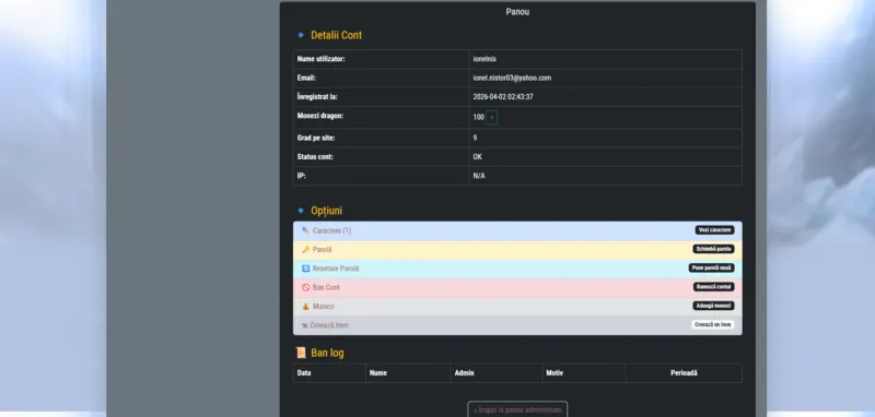 Metin2 account management page displaying player account information and administrative controls