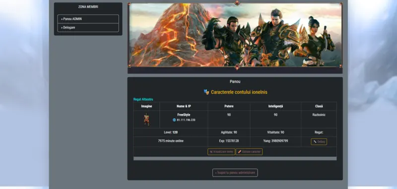 Metin2 character administration page showing player statistics and editable character information