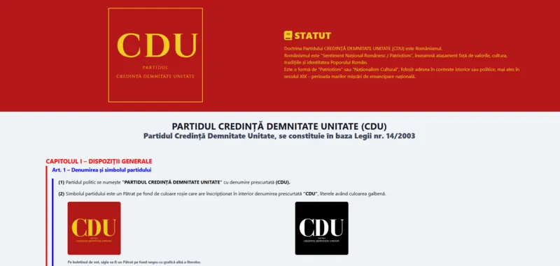 Partidul CDU public statute page displaying political party rules and organizational information