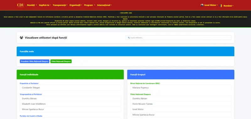 Partidul CDU user administration page for assigning individual roles and organizational structure permissions