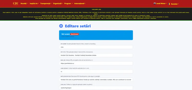 Partidul CDU website configuration panel with SEO settings, contact data, languages and platform options