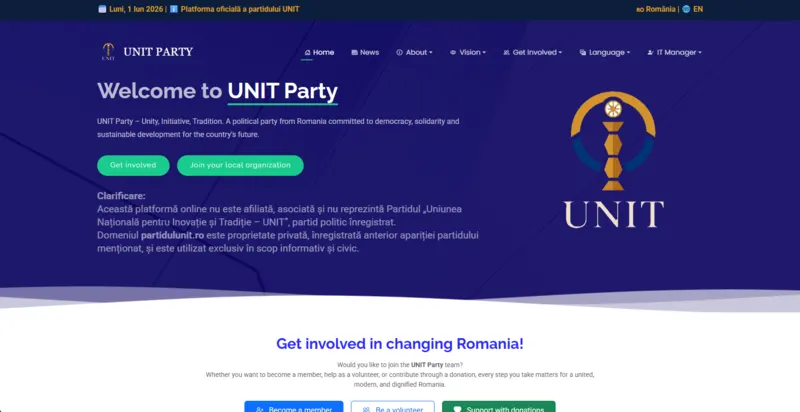 Partidul UNIT public homepage presenting the political organization, public content and multilingual website sections
