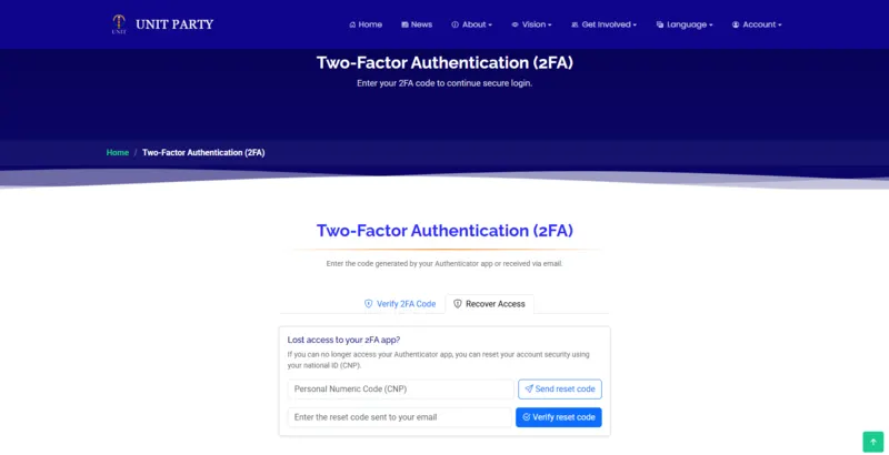 Partidul UNIT login page with two-factor authentication and CNP-based account recovery