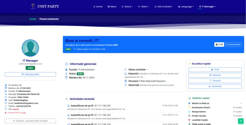 Partidul UNIT member dashboard with personal activity, membership data and organizational statistics