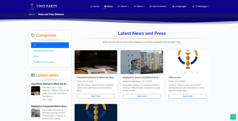 Partidul UNIT public news page with categories, latest articles, newsletter subscription and social media sidebar