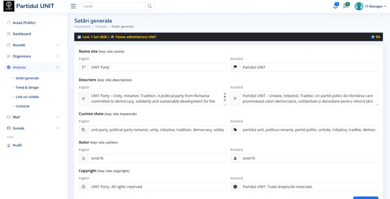 Partidul UNIT general settings page for SEO, website metadata and platform configuration