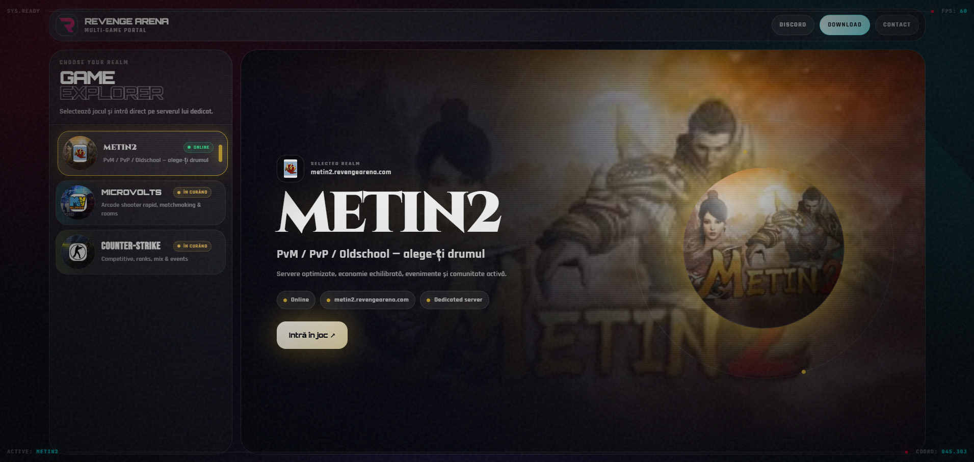Revenge Arena multi-game gaming platform homepage presenting online games, servers and community ecosystem