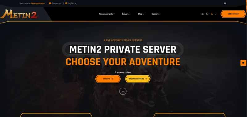 Revenge Arena Metin2 server homepage with modern gaming interface and multi-server navigation