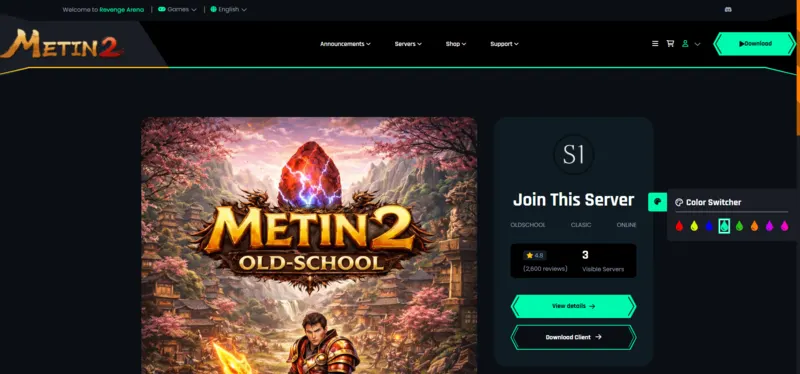 Dedicated Metin2 server presentation page with game information, features and server details