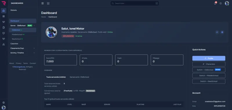 Player dashboard displaying account information, game progress, benefits and server statistics