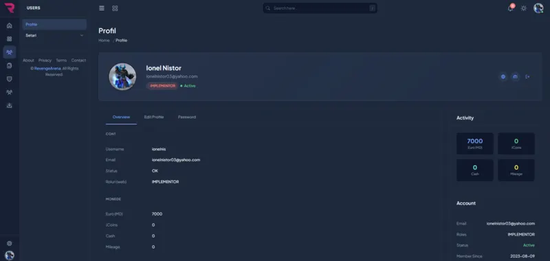 Gaming profile management page with account settings, avatar upload and security options