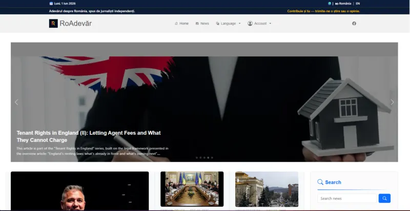 RoAdevar public homepage for a multilingual news platform with articles, categories and editorial content
