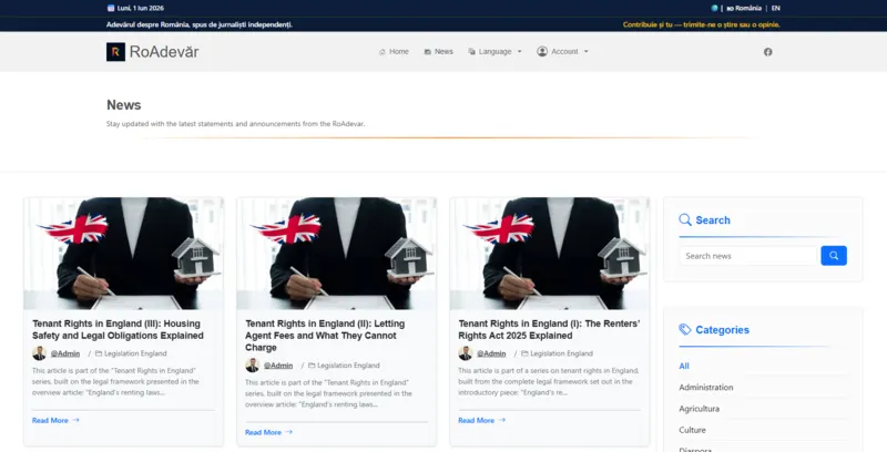 RoAdevar news article page with comments, sharing tools, sidebar search, categories and latest news