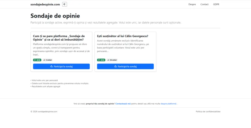 Sondaje de Opinie homepage displaying active public opinion surveys and participation statistics