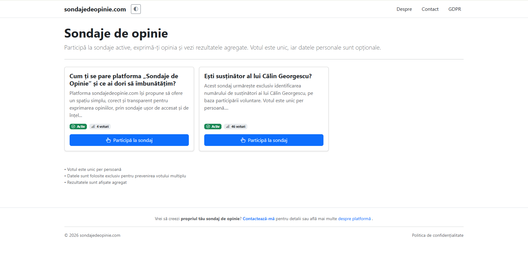 Sondaje de Opinie homepage displaying active public opinion surveys and participation statistics