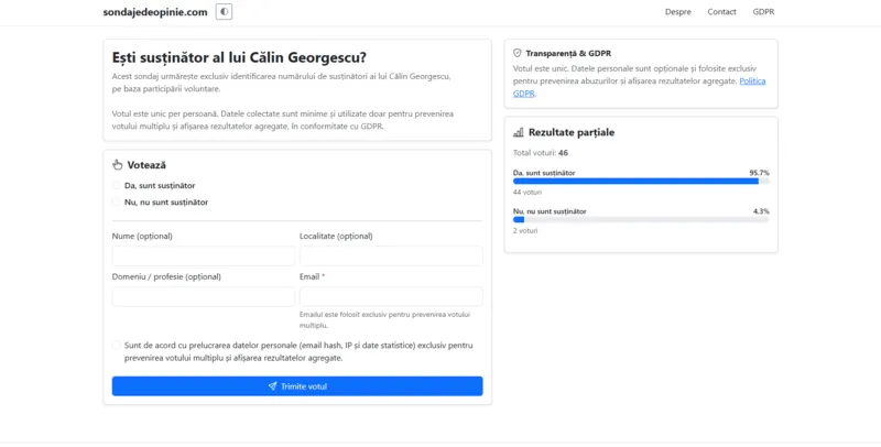 Survey participation page with voting form, GDPR information and real-time survey results