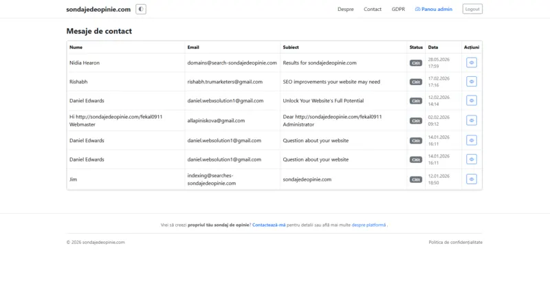 Contact message management interface used for reviewing and responding to website inquiries