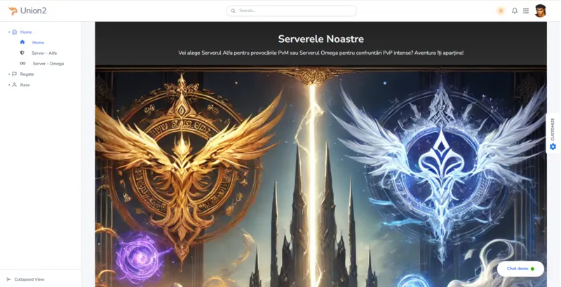 Union2 Metin2 multi-server platform homepage with gaming dashboard layout and server presentation sections